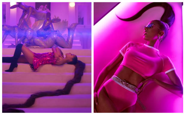 The aesthetic, hair and clothes promoted in the ads, like the one at right, look strikingly similar to the outfits and color scheme featured in Grande's video, seen at left.