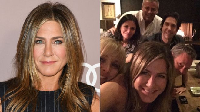 ACollage of Jennifer Aniston and and with Friends' co-casts