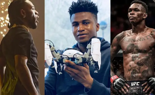 Collage of images of Burna Boy, Israel Adesanya and Silas Adekunle for International Men's Day cover for video