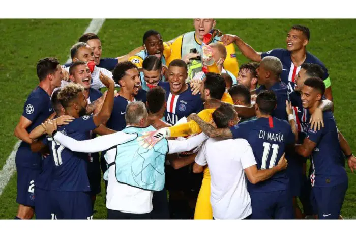 PSG players celebrate after securing passage into the Champions League final