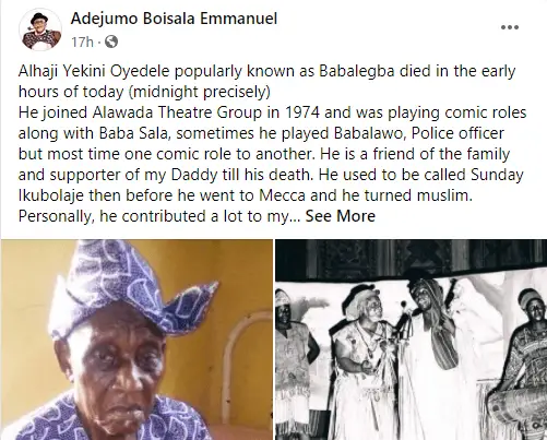 Veteran actor, Yekini Oyedele aka Baba Legba is dead