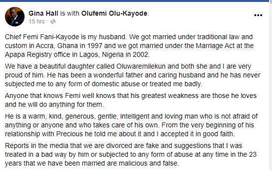 Regina share this post as she defends husband Femi Fani Kayode