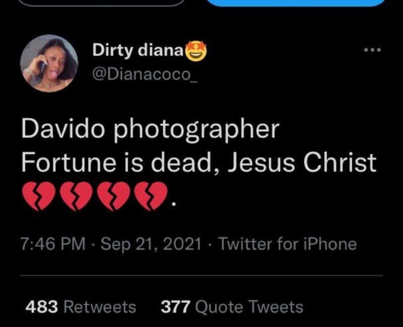 Davido official photographer Fortune dies in drowning incident