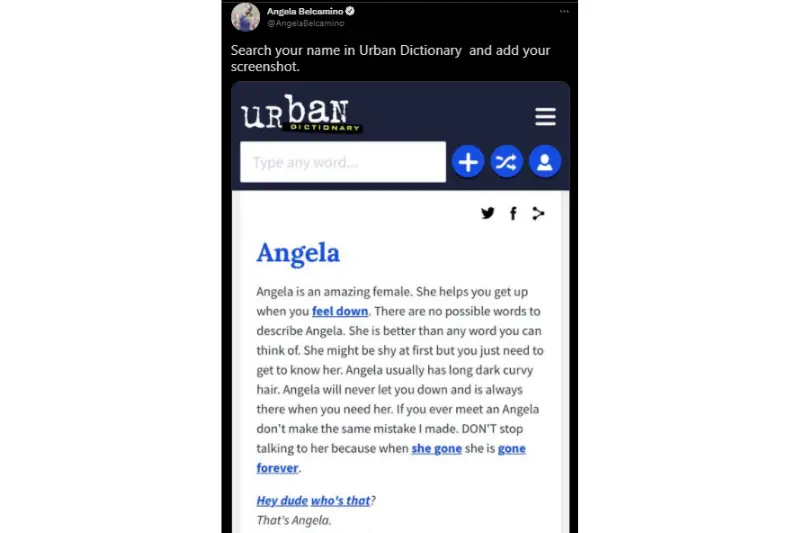Angela Belcamino posts her Urban dictionary name definition
