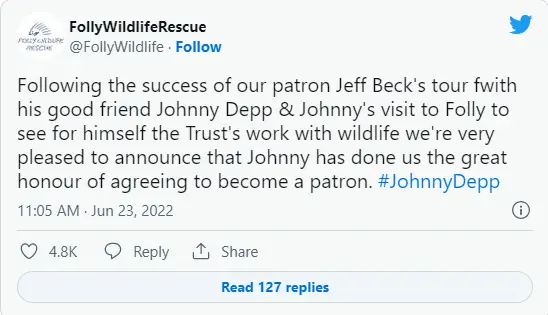 Johnny Depp receives patron of Folly Wildlife Rescue center kent