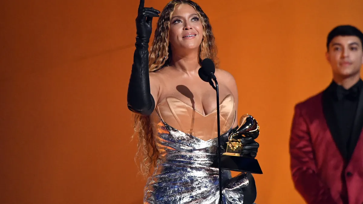 Beyoncé on stage after winning the Best Dance/Electronic Music Album award for "Renaissance" during the 65th Grammy Awards.