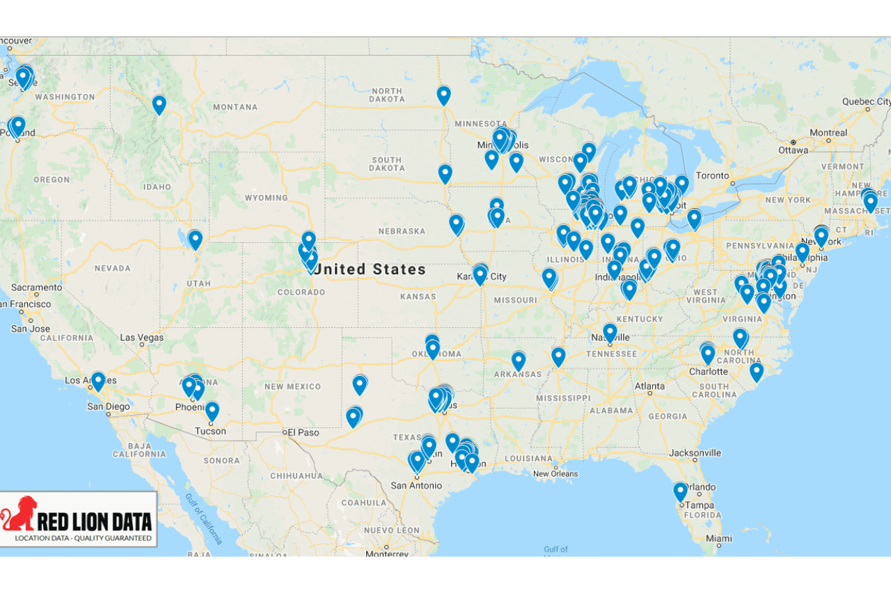 Map of the US showing Potbelly Sandwich shops Nationwide 