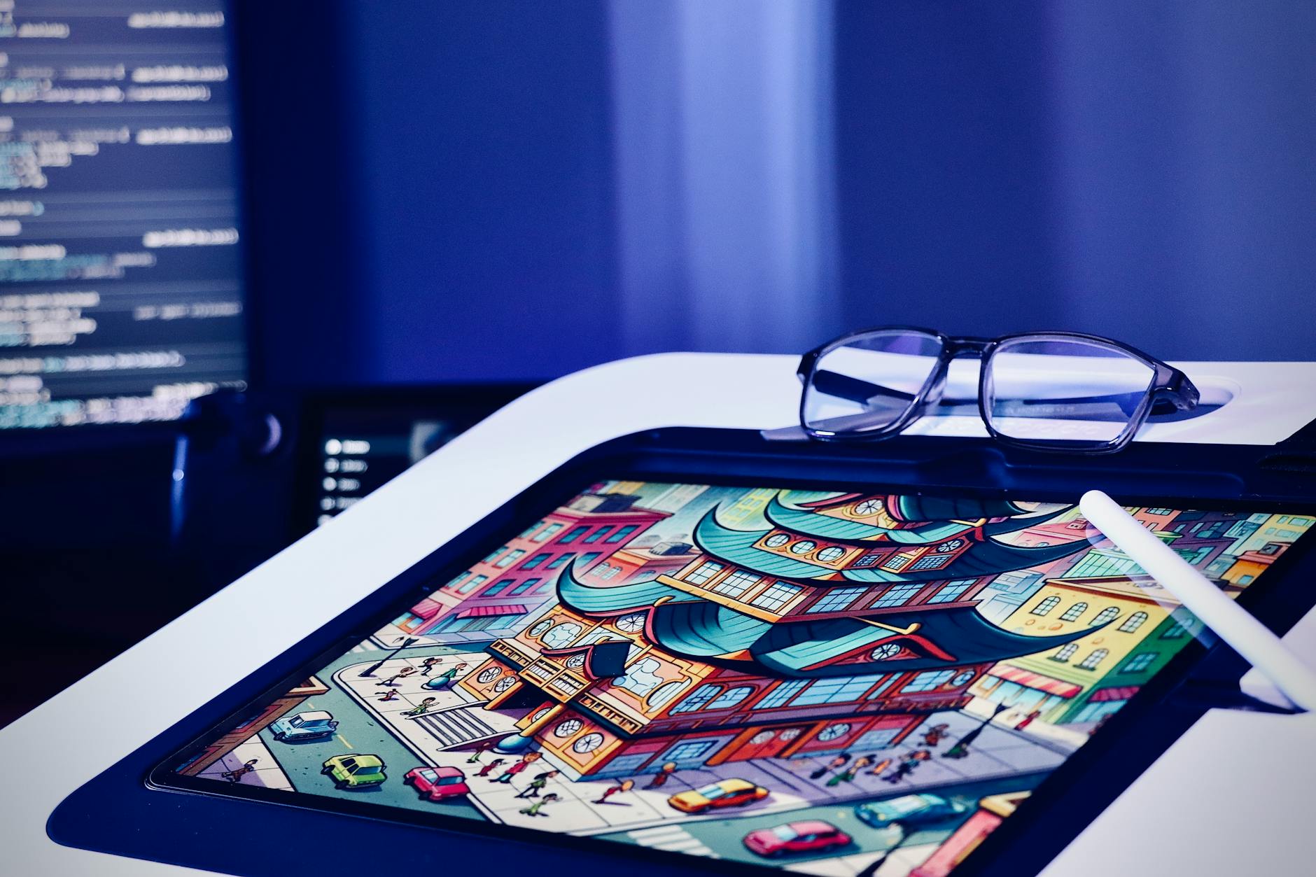 Animator's creative workspace with digital tablet, reference art, and drawing supplies