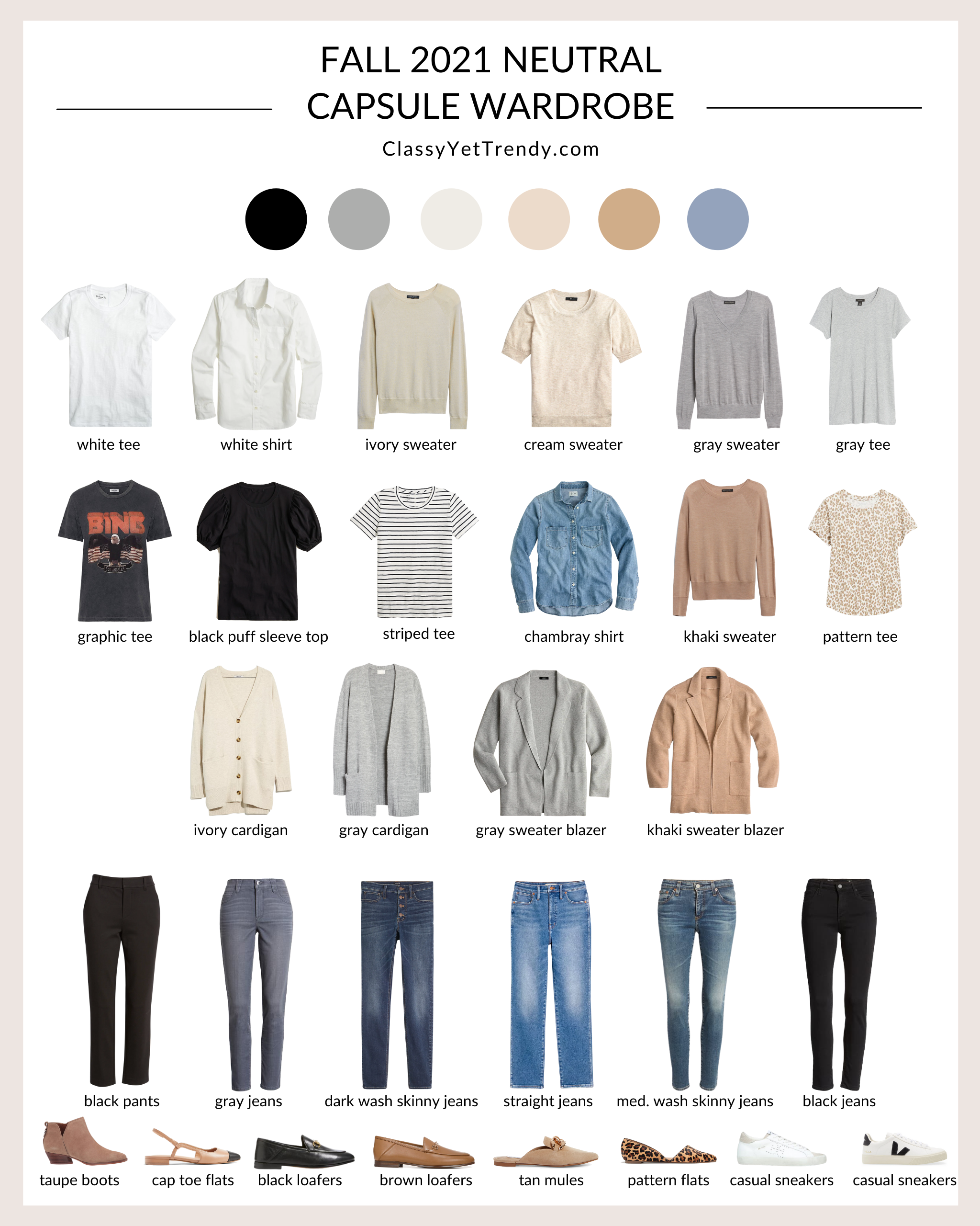 Capsule wardrobe flat-lay with white tee, dark jeans, tan blazer, sneakers, and accessories