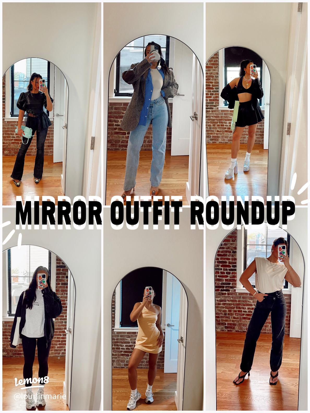 Person styling a streetwear-meets-high-fashion outfit in front of a full-length mirror