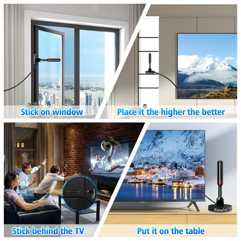Sleek digital indoor TV antenna mounted near a window with city view
