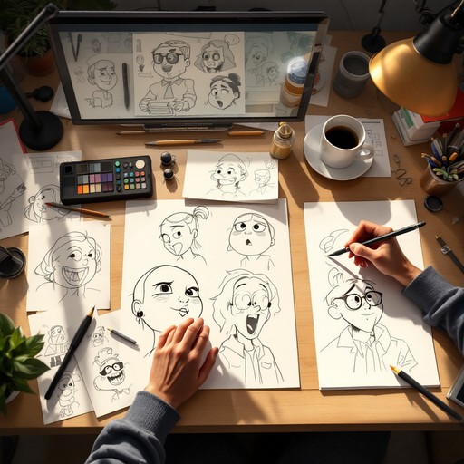 Artist workspace covered with concept art and character design sketches for an animated film
