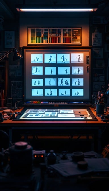 Traditional animation light table with transparent cels showing character animation in progressive stages