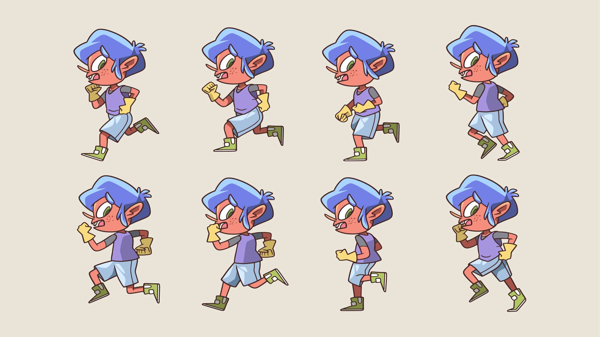 3D animated character shown in four production stages from wireframe to final render