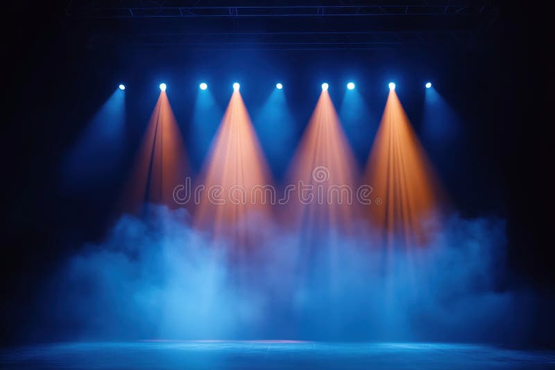 Theater stage with contrasting warm amber and cool blue lighting creating dramatic atmosphere