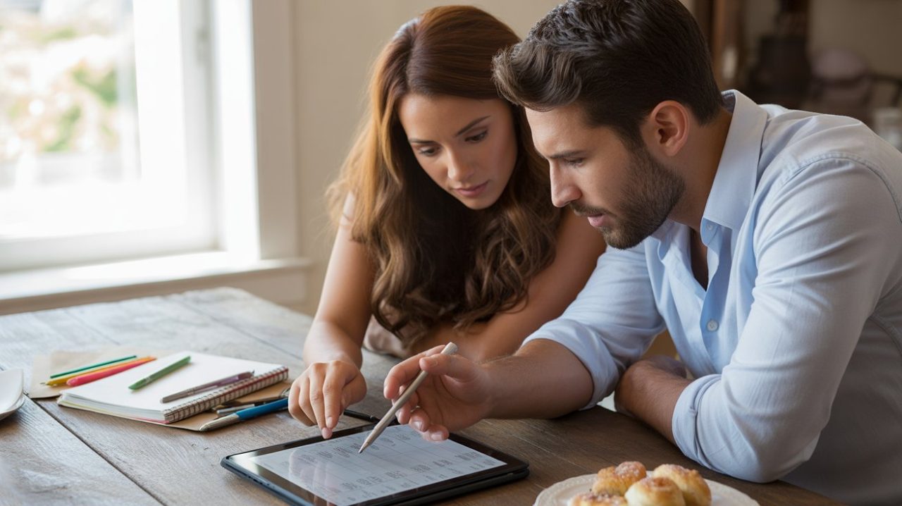 Couple reviewing wedding budget on tablet with entertainment costs highlighted