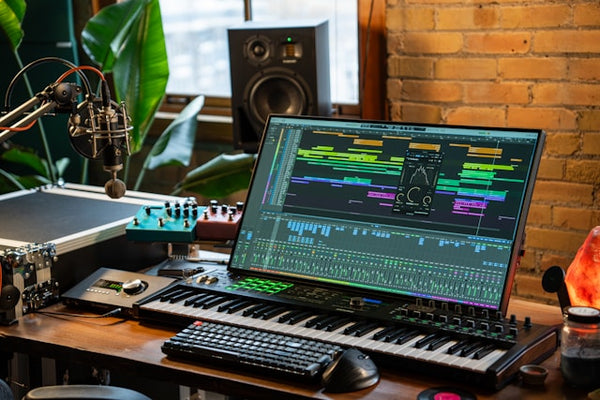 Mid-range home recording studio with monitors, microphone, acoustic panels, and MIDI keyboard