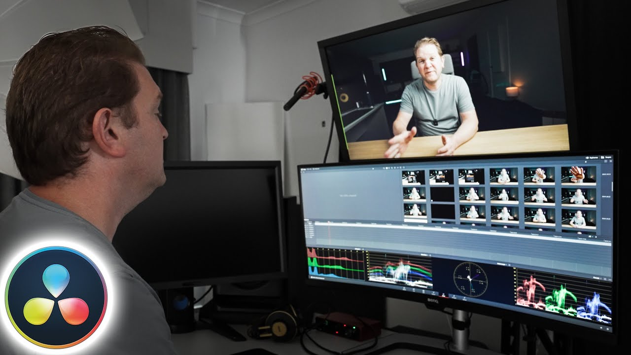 Laptop showing DaVinci Resolve video editing with YouTube Studio on second monitor