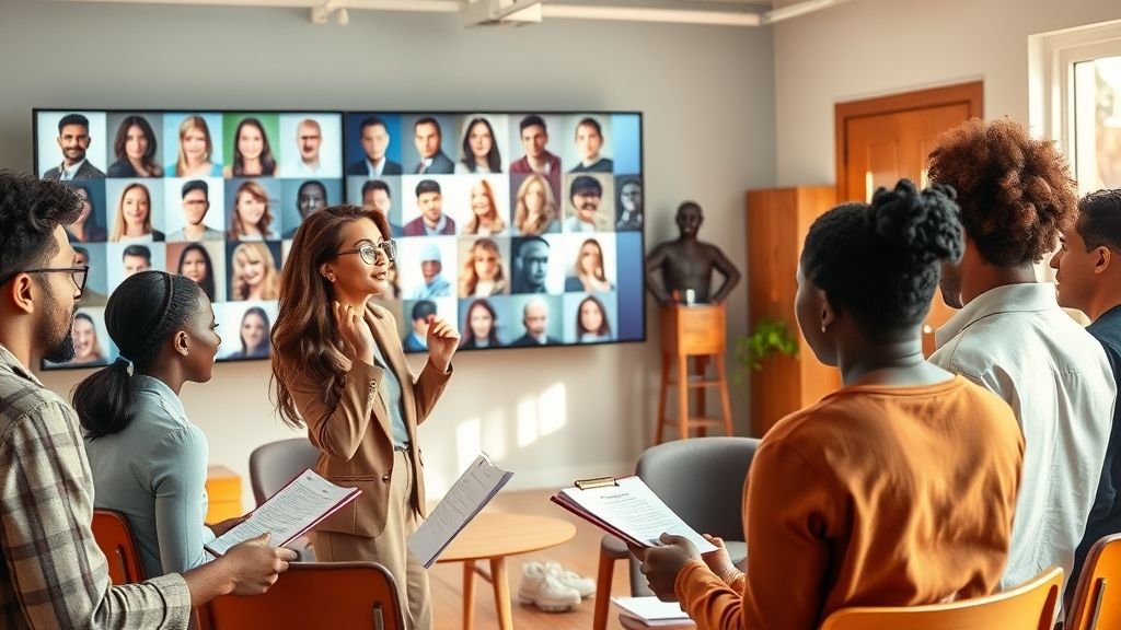 Busy casting office with headshots on wall and casting director reviewing submissions