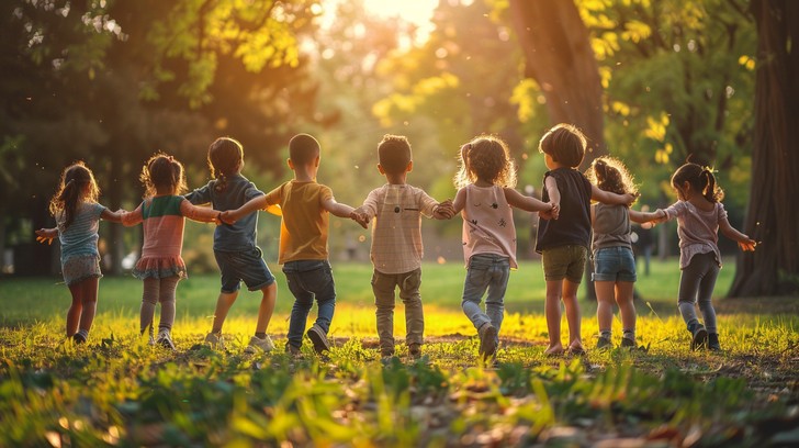 Child playing happily with friends in a park during golden hour