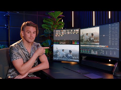 Dual monitor setup showing video editing timeline and thumbnail design software