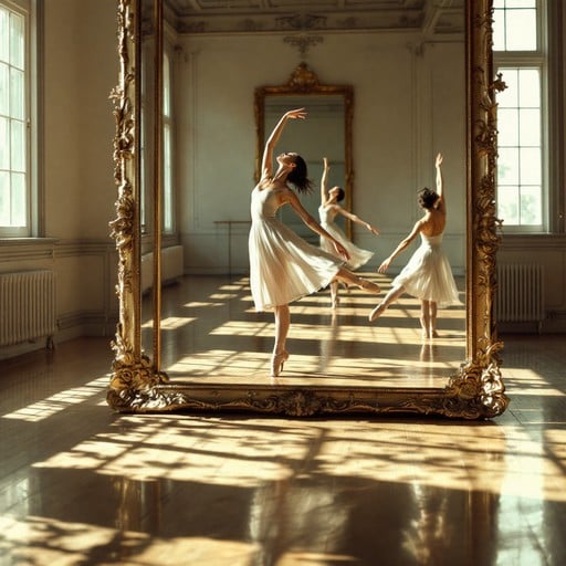 Four dancers performing different dance styles in a bright studio with mirrored walls