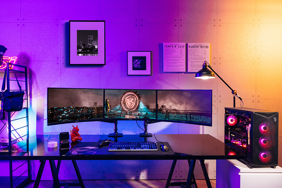Professional gaming streamer setup with dual monitors and streaming equipment