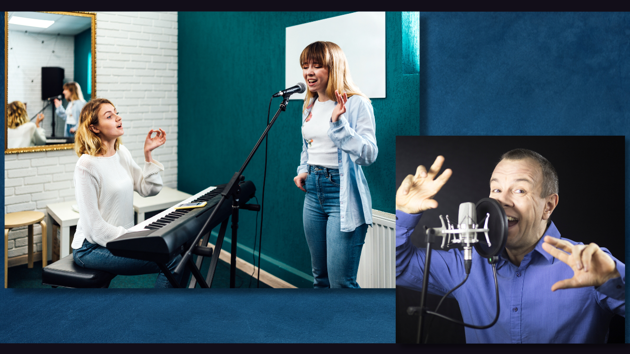 Voice acting coach working with a student in a professional recording studio