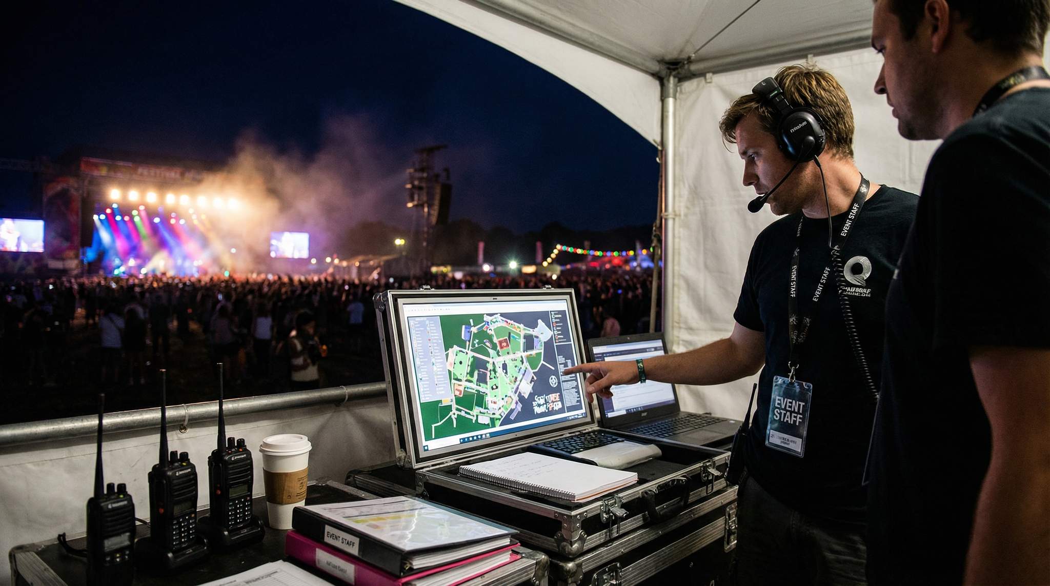 Event planner coordinating with crew at an outdoor music festival during setup