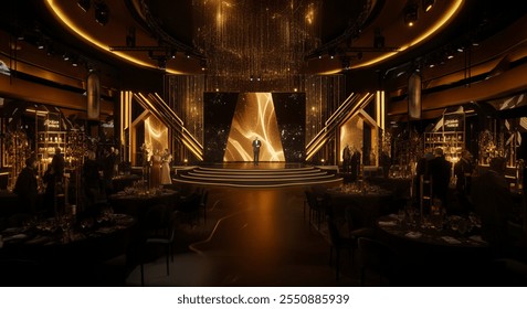 Glamorous entertainment gala event with elegant decor, stage lighting, and formally dressed guests