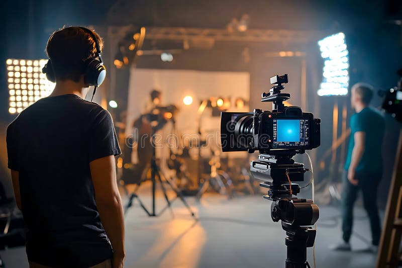 Behind-the-scenes view of a professional film production set with crew and equipment