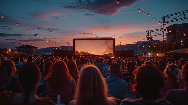 Outdoor film festival screening event at twilight with audience and festival decorations