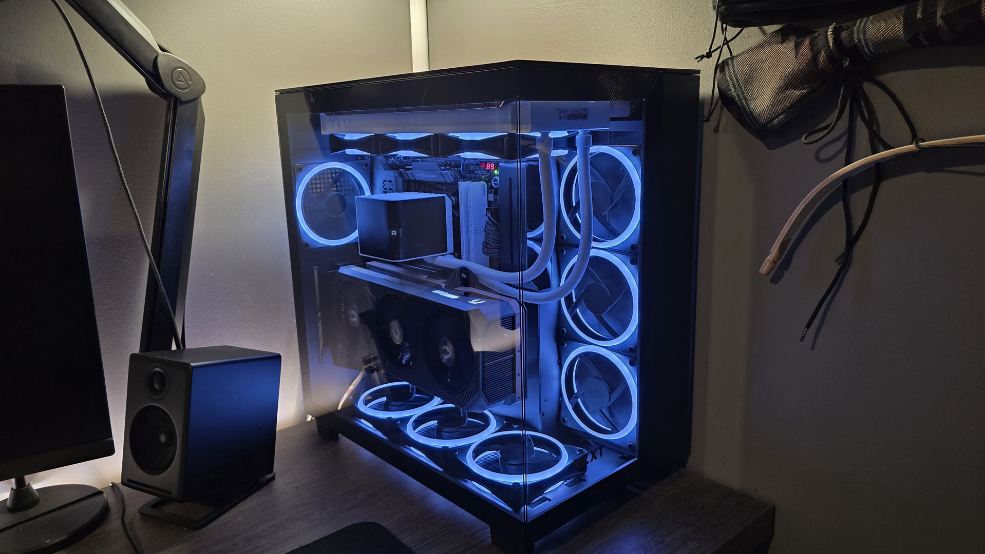 Completed gaming PC build with clean cable management and RGB lighting