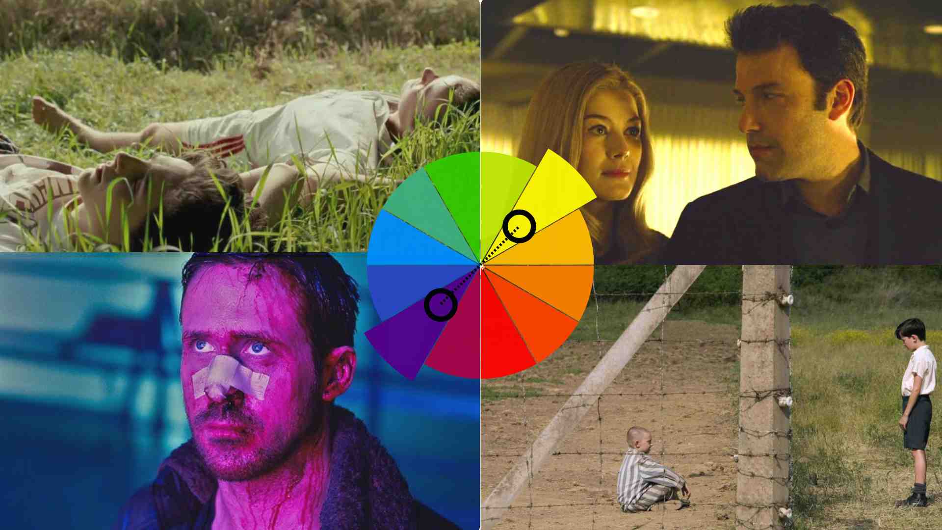 Four different color grade styles applied to the same cinematic scene
