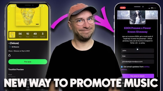 Musician holding a phone displaying a pre-save campaign page for an upcoming music release
