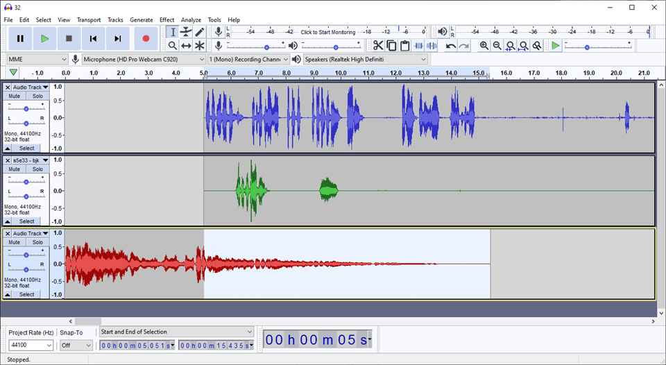 Audacity audio editing software showing podcast waveforms on multiple tracks