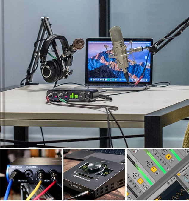 Dual-monitor podcast editing setup showing multiple audio tracks with music and voice waveforms