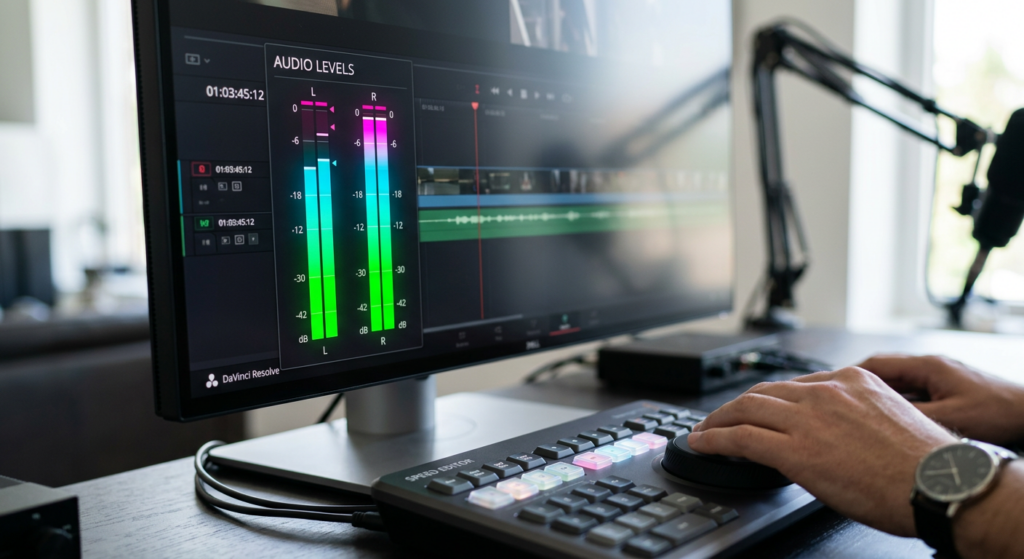 Content creator adjusting audio levels for a YouTube video with microphone and dual monitors