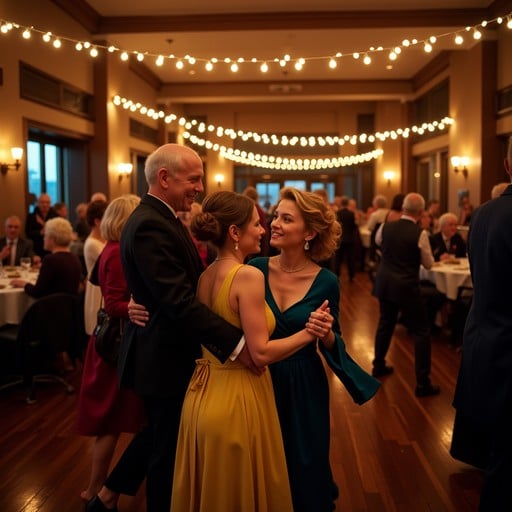Lively social dance event with couples dancing in a warmly lit venue